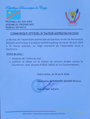Sud-Kivu : une motion de censure cruciale visant le gouverneur examinée ce 28 avril